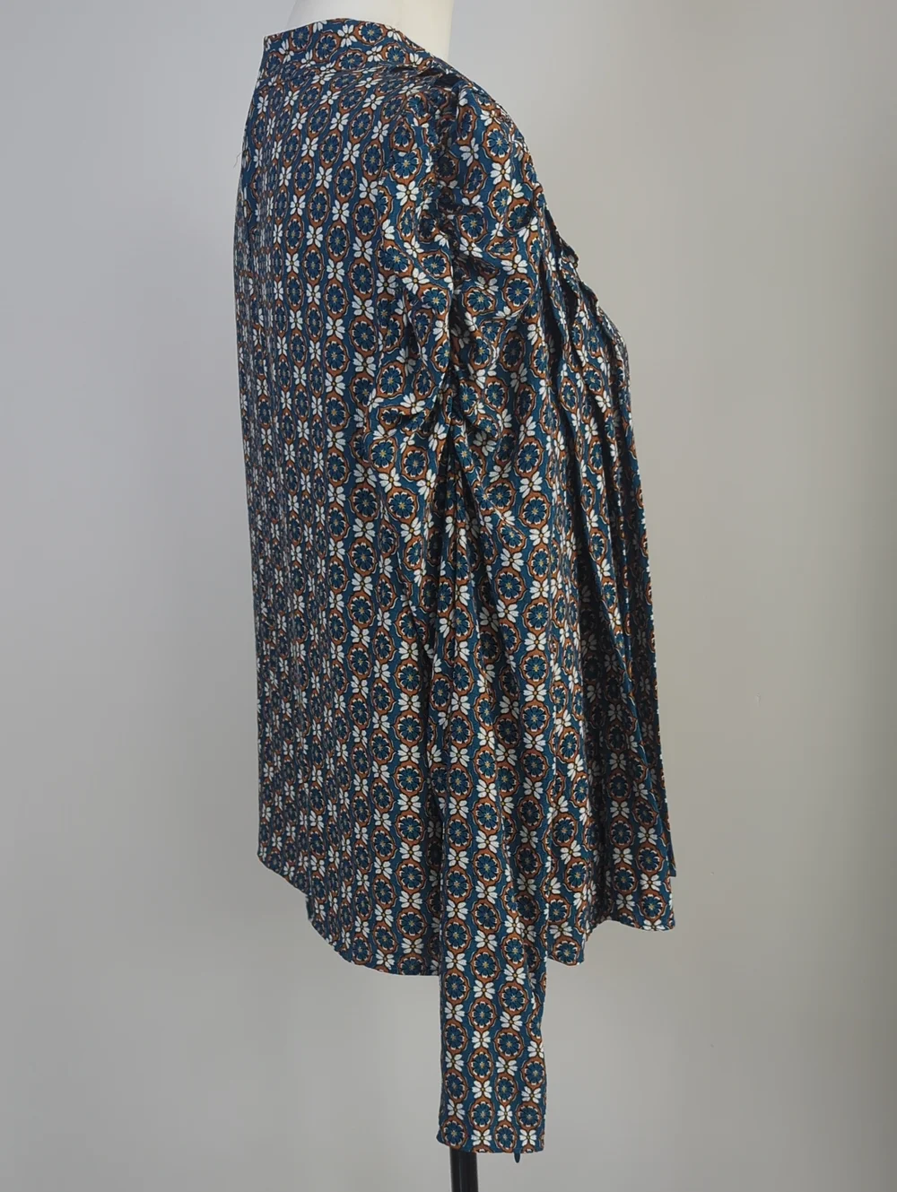 NWT Zara Boho Floral Medallion High Neck Long Puff Sleeve Blouse Teal LARGE